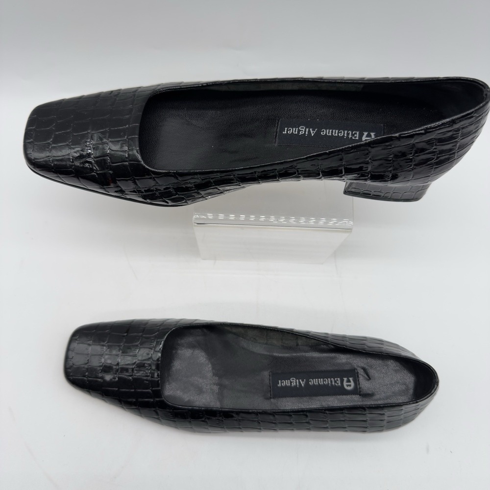Etienne Aigner Vintage Twiggy I Black Patent Croc. Leather Block Heel Size 6.5M - Picture 4 of 13